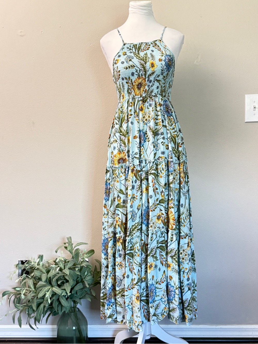 Abel the Label Blue Floral Smocked Maxi Sun Dress XS